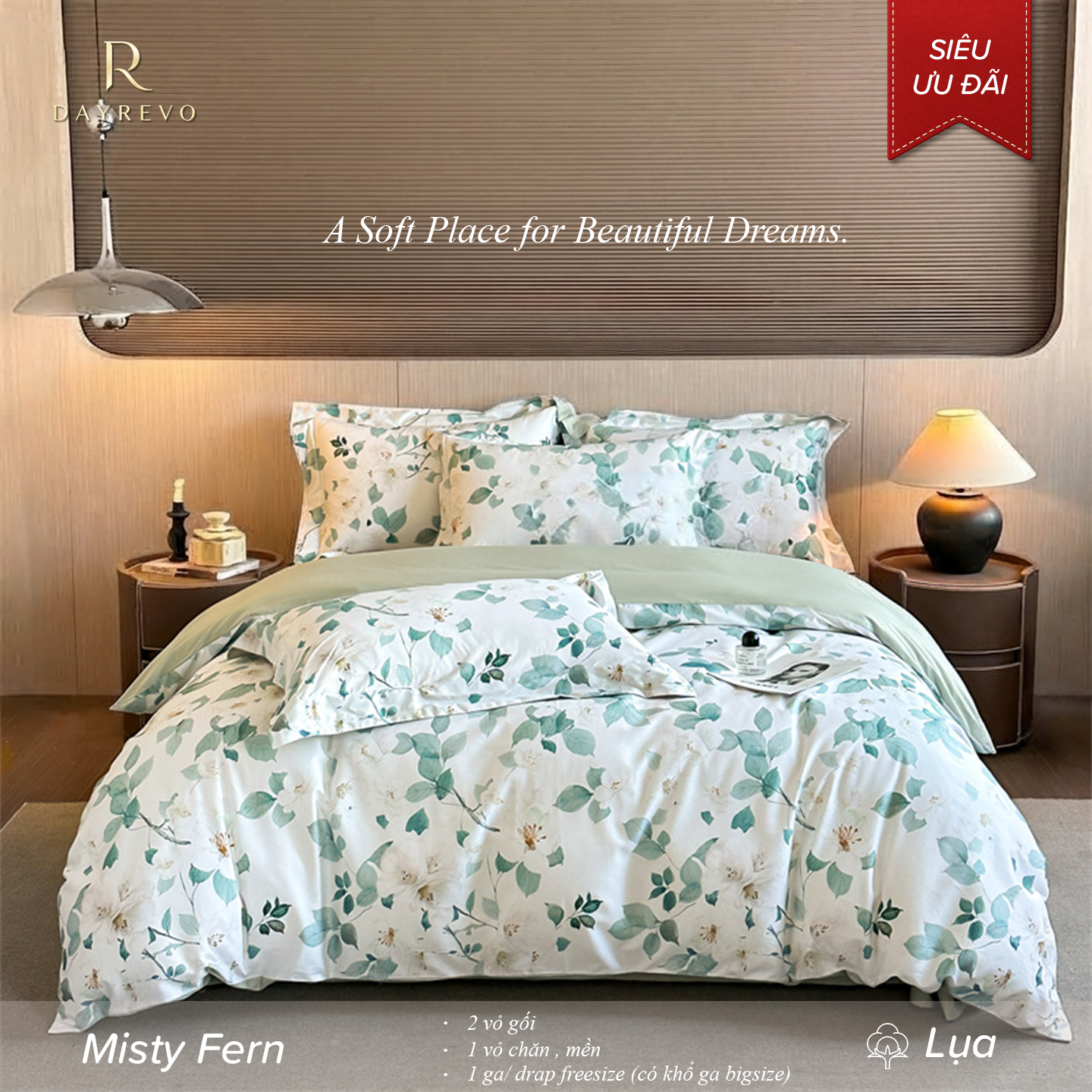 Misty Fern Picture 1 FloraMuse Misty Fern 100S Long Staple Cotton Sateen Bedding Set, Artistic Mist Botanical Print Luxury 4-Piece Flat Sheet Bed Linen - Image 1