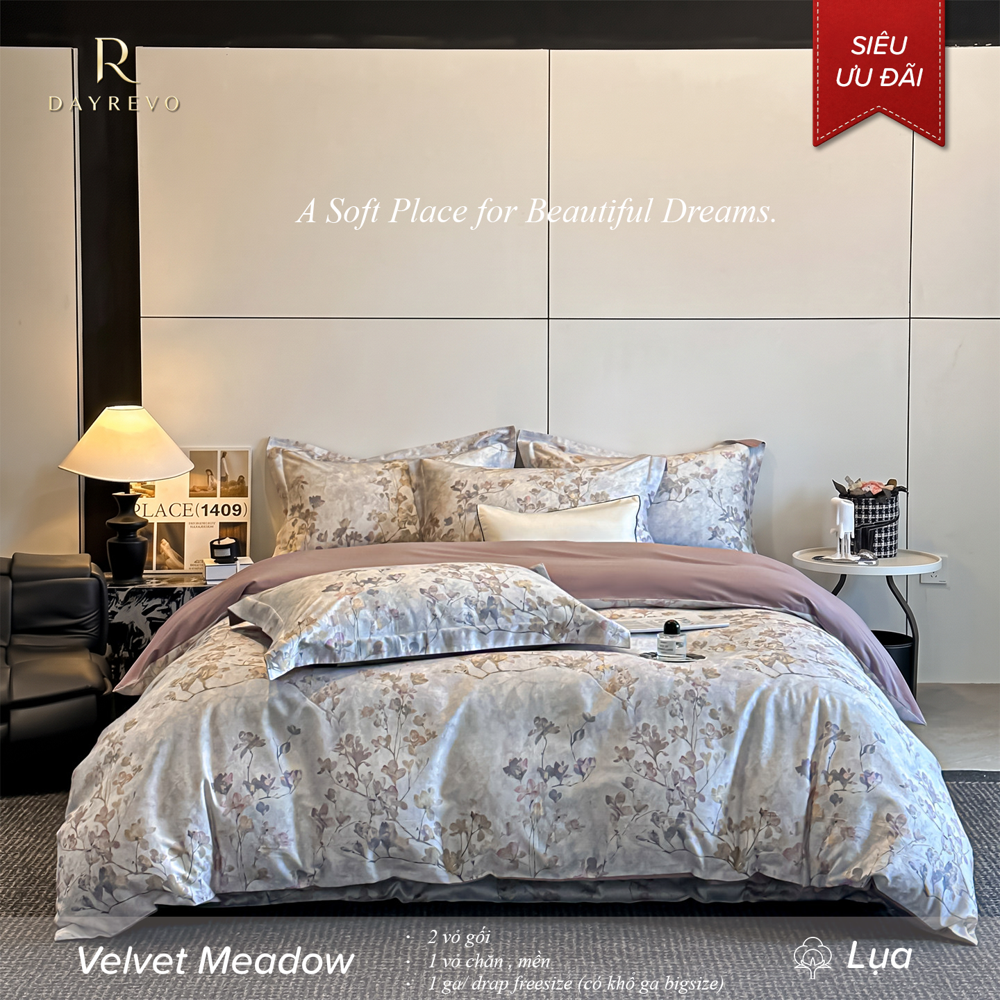 Velvet Meadow Picture 1 FloraMuse Velvet Meadow 100S Long Staple Cotton Sateen Bedding Set, Artistic Pastoral Print Luxury 4-Piece Flat Sheet Bed Linen - Image 1